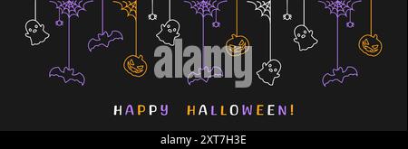 Happy Halloween banner or border with bats, ghost and jack o lantern pumpkins. Glowing Hanging Spooky Ornaments Decoration Vector illustration, trick Stock Vector