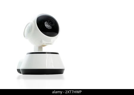 Closed up of Smart home wireless security camera isolated on white background, using for security monitoring or private cctv. Copy space image. Place Stock Photo