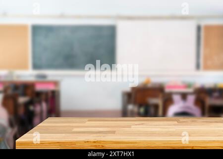 Cropped shot of wooden table and copy space in blurred study room. Empty classroom or presentation room interior with desks Stock Photo