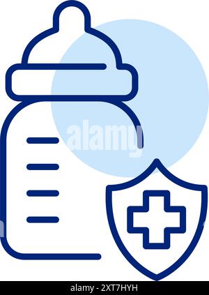 Baby bottle, shield with medical cross signifying healthcare insurance. Healthy baby food. Pixel perfect, editable stroke vector icon Stock Vector