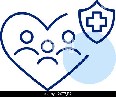 Family of three in heart symbol and medical insurance shield. Pixel perfect, editable stroke vector icon Stock Vector