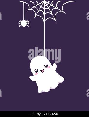 Cute Ghost Hanging on a Spider Web Cartoon, Happy Halloween Spooky Ornaments Decoration Vector illustration Stock Vector