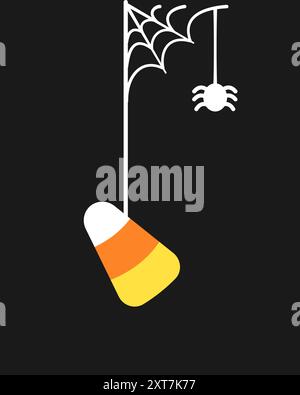 Candy Corn Hanging on a Spider Web, Happy Halloween Trick or Treat Spooky Ornaments Decoration Vector illustration Stock Vector