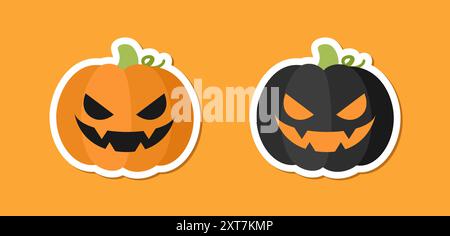 Scary spooky evil pumpkin jack o lantern sticker design set. Traditional decoration symbol of halloween trick or treat holiday celebration. Vector ill Stock Vector