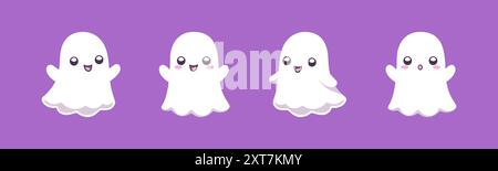 Set of cute funny happy ghosts. Halloween spooky boo characters for kids. Magic scary spirits with different emotions and face expressions. Simple fla Stock Vector