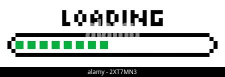 Pixel loading bar y2k retro 8 bit interface game, progress level, download status frame. Pixel title text Loading. Process indicator. Vector illustration Stock Vector