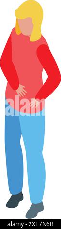 Young woman is clutching her stomach in pain, likely experiencing a stomach ache or digestive issue Stock Vector