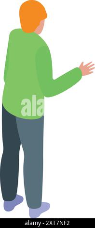 Young man in casual clothes is standing and showing something with his hand Stock Vector
