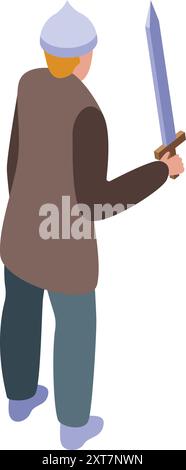 Medieval warrior is holding a sword, seen from behind, in this isometric illustration Stock Vector