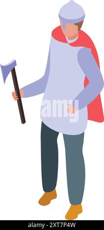 Medieval warrior wearing a helmet and holding an axe in isometric view Stock Vector