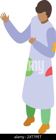 Painter wearing a smock is gesturing with one hand while holding something in the other Stock Vector
