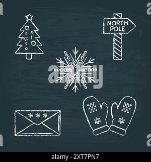 Collection of chalk sketch New Year icons on blackboard. Christmas tree, North Pole signpost, snowflake, holiday mail and knitted mittens. Stock Vector