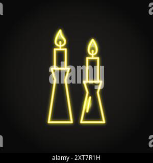 Candles in candlestick icon in neon line style. Bright light source with burning flame. Home interior decor. Vector illustration. Stock Vector
