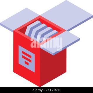 Isometric vector illustration of an open red cardboard box containing server processors for computer equipment Stock Vector