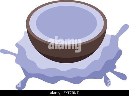 Isometric icon of a half coconut lying on spilled coconut milk Stock Vector