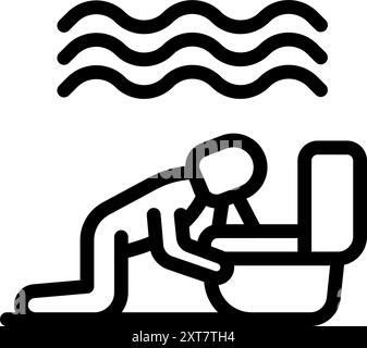 Stick figure man is sick and suffering from food poisoning, kneeling in front of a toilet Stock Vector