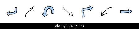 Set of curved hand drawn arrow icons in blue isolated on white background. Concept of navigation, direction, and movement. Illustration. Design elemen Stock Vector
