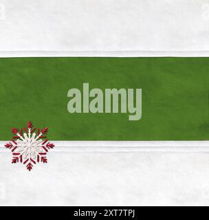 Christmas background with suede texture of green and white color and felt snowflake. Background for scrapbooking design, decoration with suede leather Stock Photo