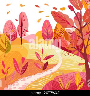 Autumn poster with a cute landscape. Hill with a clearing near the forest. Hand drawn vector illustration. Red trees and plants near the road. Printing on clothes, stationery and tableware. Textured flat illustration. Stock Vector