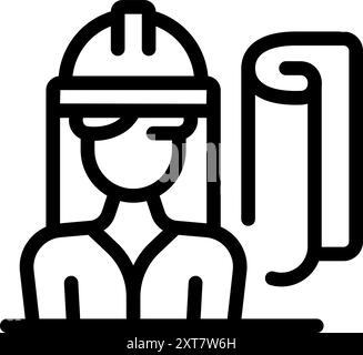 Line drawing of a woman working in construction or engineering holding a blueprint Stock Vector