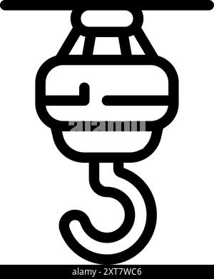 Line icon of a crane hook hanging from a mechanical arm, ready to lift heavy cargo Stock Vector