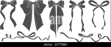 Ribbon bow with knot for gift and hair. Vector icons and doodle black silhouette. Hand drawn flat design for birthday and Christmas holidays presents Stock Vector