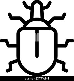 Simple black line icon of a bug attacking a computer mouse, representing the concept of computer virus and cyber attack Stock Vector