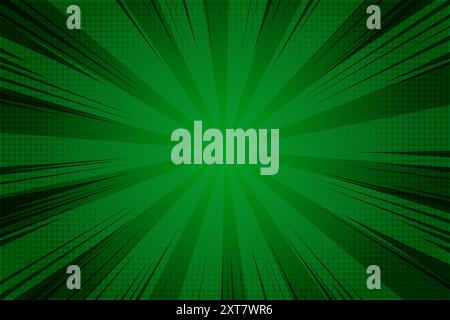 Green comic background with pop art sunburst. Retro bg with radial rays of explosion. Abstract halftone vector backdrop. Superhero speed lines Stock Vector