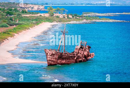 Dimitrios, a Greek shipwreck famous due to its picturesque location on an easily accessible sandy beach near Gythio, Peloponnese, Greece. Stock Photo