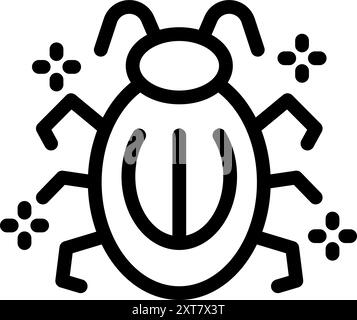 Simple black and white icon of a bug surrounded by stars, representing a software glitch being solved Stock Vector