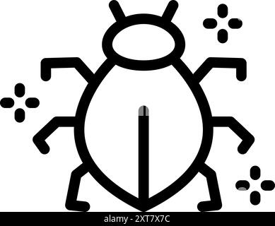 Simple black and white line art icon of a bug, with a few pixels surrounding it to indicate glitching Stock Vector
