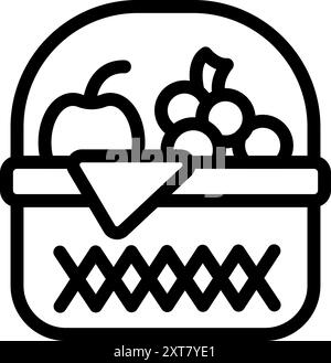 Line art icon of a picnic basket filled with fruits, perfect for representing outdoor dining and summer vibes Stock Vector