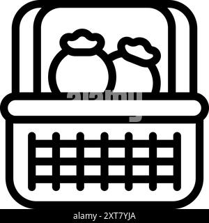 Line art icon of a wicker basket holding freshly picked blueberries, perfect for agriculture and food related designs Stock Vector