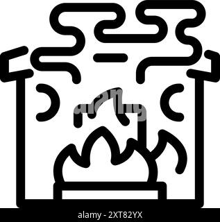 Black outline icon of a house with flames inside and smoke billowing from the chimney Stock Vector