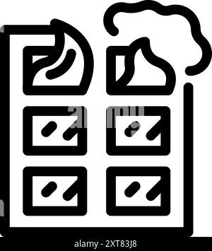 Black outline icon of a building with smoke coming out of the windows Stock Vector