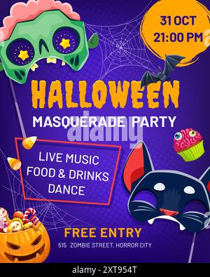 Halloween party flyer with holiday masks and candies bucket. October festive poster or banner, autumn horror party or fall season event vector flyer w Stock Vector