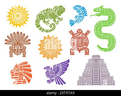 Mayan aztec totems. Mexican, inca or maya ancient civilization tribal symbols and tattoos of sun, mythology birds and animals. Eagle, turtle, god mask, lizard and pyramid, idol head, fish and snake Stock Vector