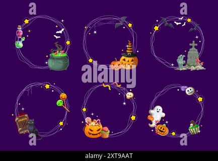 Halloween decorative frames with flying bats, holiday sweets and characters. Vector round borders with spooky jack lantern pumpkins, desserts, black cat and witch cauldron, delightful festive decor Stock Vector