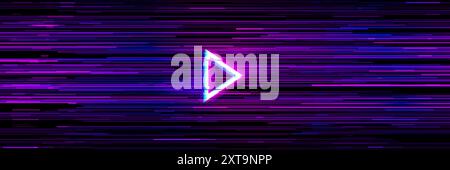 Video game glitch background with play arrow button and purple neon glowing disrupted horizontal lines. Vector digital retro-futuristic backdrop that emulate visual disruption in video games or media Stock Vector