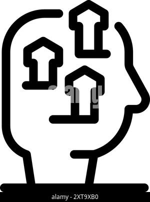 Black and white line art vector of a side profile of a human head with three upwards pointing arrows symbolizing growth mindset Stock Vector