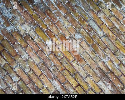 Close-up of an old brick wall in yellow and red tones with lots of texture. Stock Photo