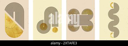 Set of abstract posters with line stripe zen arch and geometric shapes. Vector background with golden texture in trendy boho aesthetic Stock Vector