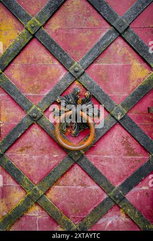 Artistic decorative element on an old rusted metal door. Door knocker. Stock Photo