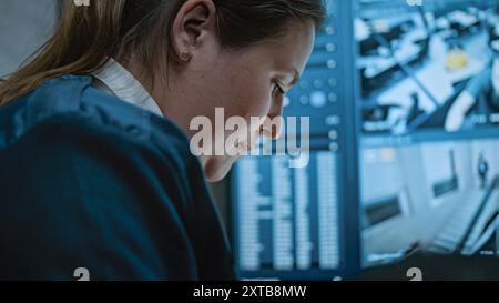 Multiethnic surveillance operators control security cameras on screens in monitoring center. Female security worker talks with African American male colleague, uses tablet computer with CCTV footage. Stock Photo