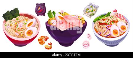 Asian noodle bowls set isolated on white background. Vector cartoon illustration of traditional chinese cuisine ramen dishes with fresh vegetable, eggs, seaweed, onions, seasoning, restaurant menu Stock Vector