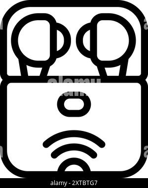 Wireless earbuds charging in their case showing a connection icon Stock Vector