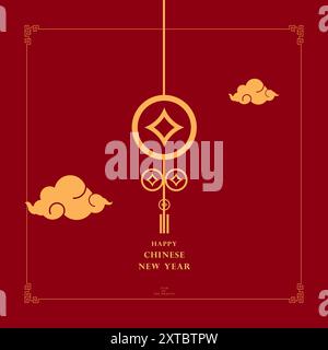 Chinese traditional pattern on red background, Chinese New Year concepts vector design for flowers, lanterns, clouds, elements and ornaments, post car Stock Vector