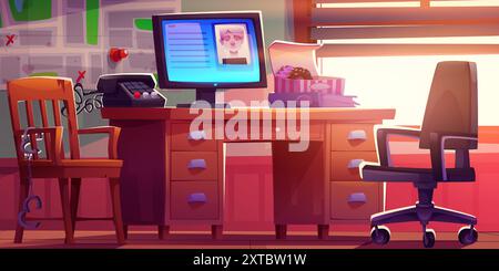 Police department office interior with detective workplace. Cartoon investigator desk with criminal photo on pc monitor, documents and research materials, map with pins on wall, chair with handcuffs. Stock Vector