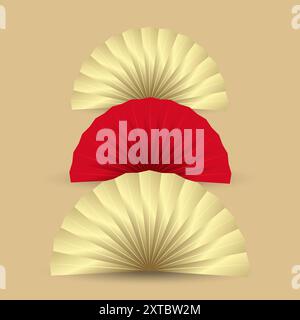 Set of 3 Chinese new year elements, fan, red and gold objects for product demonstration. Three luxury Chinese fan pedestal or podium with folding fans Stock Vector