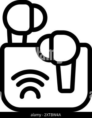 Simple icon of wireless earbuds charging in their case, with a wifi symbol indicating their connectivity Stock Vector